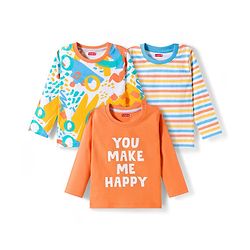 Babyhug Cotton Knit Full Sleeves Striped Abstract & Text Printed T-Shirts Pack of 3 - Orange & White
