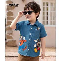Babyhug Disney Half Sleeve Denim Shirt with Mickey Mouse Graphic - Blue