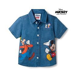 Babyhug Disney Half Sleeve Denim Shirt with Mickey Mouse Graphic - Blue