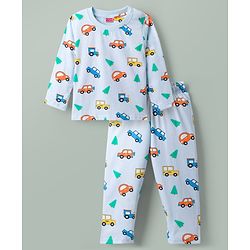 Babyhug Cotton Knit Full Sleeves Vehicles Printed Co-Ords T-Shirt & Pyjama Night Suit - Light Blue