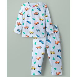 Babyhug Cotton Knit Full Sleeves Vehicles Printed Co-Ords T-Shirt & Pyjama Night Suit - Light Blue