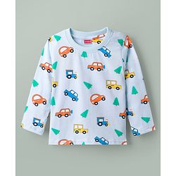 Babyhug Cotton Knit Full Sleeves Vehicles Printed Co-Ords T-Shirt & Pyjama Night Suit - Light Blue