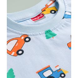 Babyhug Cotton Knit Full Sleeves Vehicles Printed Co-Ords T-Shirt & Pyjama Night Suit - Light Blue