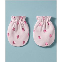 Babyhug 100% Cotton Knit Mittens & Booties With Floral Print - Pink