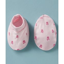 Babyhug 100% Cotton Knit Mittens & Booties With Floral Print - Pink
