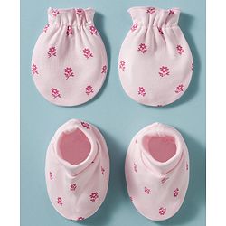 Babyhug 100% Cotton Knit Mittens & Booties With Floral Print - Pink