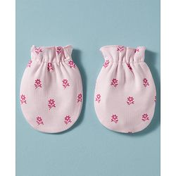 Babyhug 100% Cotton Knit Mittens & Booties With Floral Print - Pink
