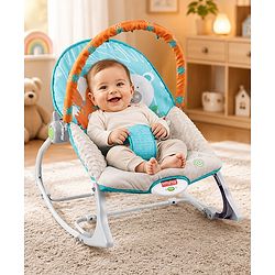 Babyhug 2-in-1 Rockers & Reclining Chair with Calming Vibration| Adjustable Recline| Safety Harness| Removable & Washable Fabric| Foldout Stand for Stable Position| Compact Fold  - Sky