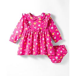 Babyhug 100% Cotton Knit Full Sleeves Floral Printed Frock With Bloomer - Pink