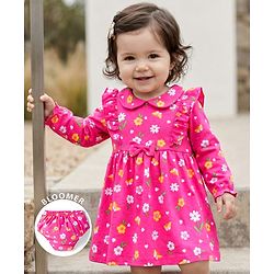 Babyhug 100% Cotton Knit Full Sleeves Floral Printed Frock With Bloomer - Pink