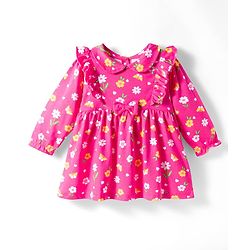 Babyhug 100% Cotton Knit Full Sleeves Floral Printed Frock With Bloomer - Pink