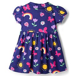 Babyhug 100% Cotton Knit Half Sleeves Floral Butterfly & Rainbow Printed Frock With Bloomer - Navy Blue