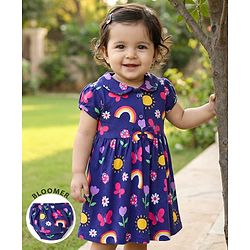 Babyhug 100% Cotton Knit Half Sleeves Floral Butterfly & Rainbow Printed Frock With Bloomer - Navy Blue