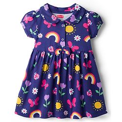 Babyhug 100% Cotton Knit Half Sleeves Floral Butterfly & Rainbow Printed Frock With Bloomer - Navy Blue
