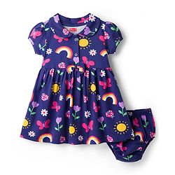 Babyhug 100% Cotton Knit Half Sleeves Floral Butterfly & Rainbow Printed Frock With Bloomer - Navy Blue