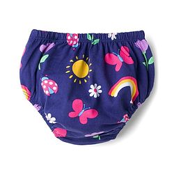 Babyhug 100% Cotton Knit Half Sleeves Floral Butterfly & Rainbow Printed Frock With Bloomer - Navy Blue