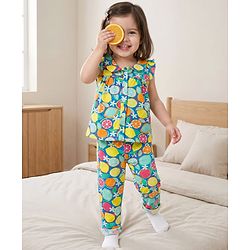Babyhug Cotton Knit Frill Sleeves Co-ords Top & Pajama Night Suit with Tropical Theme Print - Multicolor