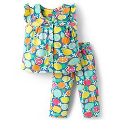 Babyhug Cotton Knit Frill Sleeves Co-ords Top & Pajama Night Suit with Tropical Theme Print - Multicolor