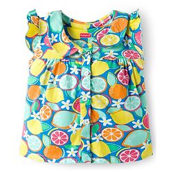 Babyhug Cotton Knit Frill Sleeves Co-ords Top & Pajama Night Suit with Tropical Theme Print - Multicolor