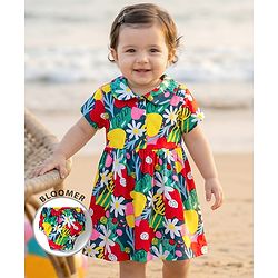 Babyhug Interlock Knit Half Sleeves Floral Printed Peter Pan Collared Frock with Bloomer - Navy Blue