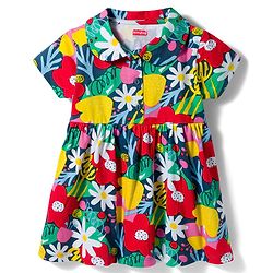 Babyhug Interlock Knit Half Sleeves Floral Printed Peter Pan Collared Frock with Bloomer - Navy Blue