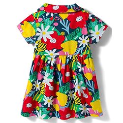 Babyhug Interlock Knit Half Sleeves Floral Printed Peter Pan Collared Frock with Bloomer - Navy Blue