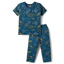 Babyhug Cotton Knit Half Sleeves Dino Printed T-Shirt & Pyjama Co-Ord Night Suit - Navy Blue