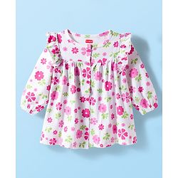 Babyhug 100% Cotton Knit Full Sleeves Floral Printed Frock With Bloomer - White