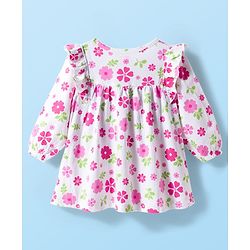 Babyhug 100% Cotton Knit Full Sleeves Floral Printed Frock With Bloomer - White