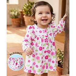 Babyhug 100% Cotton Knit Full Sleeves Floral Printed Frock With Bloomer - White