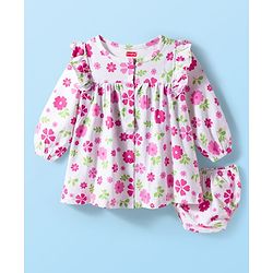 Babyhug 100% Cotton Knit Full Sleeves Floral Printed Frock With Bloomer - White