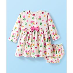 Babyhug 100% Cotton Knit Full Sleeves Floral Printed Frock With Bloomer - Pink