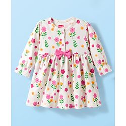 Babyhug 100% Cotton Knit Full Sleeves Floral Printed Frock With Bloomer - Pink