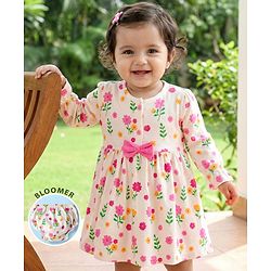 Babyhug 100% Cotton Knit Full Sleeves Floral Printed Frock With Bloomer - Pink