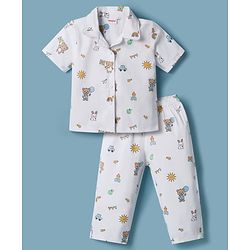 Babyhug Cotton Woven Half Sleeves Front Open Co-ords Shirt & Pajama Night Suit with Tropical Theme Print - White