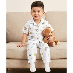 Babyhug Cotton Woven Half Sleeves Front Open Co-ords Shirt & Pajama Night Suit with Tropical Theme Print - White