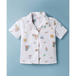 Babyhug Cotton Woven Half Sleeves Front Open Co-ords Shirt & Pajama Night Suit with Tropical Theme Print - White