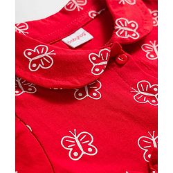 Babyhug Interlock Knit Half Sleeves Peter Pan Collared Butterfly Printed  Frock with Bloomer & Bow Applique - Maroon