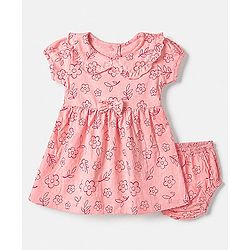 Babyhug 100% Cotton Interlock Knit Frock and Bloomer with Half Sleeves and Floral Print in Pink for New born
