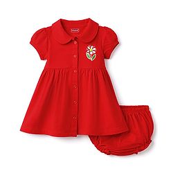 Babyhug Interlock Knit Half Sleeves Frock with Floral Print & Bloomer - Red