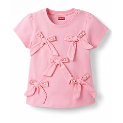 Babyhug Cotton Knit Half Sleeves Top With Bow Applique & Pearls - Pink