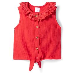 Babyhug Cotton Woven Sleeveless Knotted Top With Schiffli Detailing - Red
