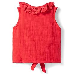 Babyhug Cotton Woven Sleeveless Knotted Top With Schiffli Detailing - Red