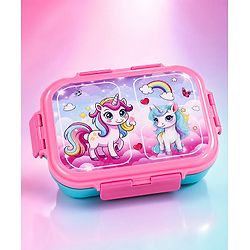 Babyhug Unicorn Print 3 Compartment Stainless Steel Big Size Lunch box|Airtight|BPA Free|100% Food Grade|Reusable|Recyclable|Perfect for School, Travel & Outdoors|575 ml- Pink