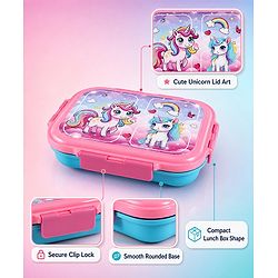 Babyhug Unicorn Print 3 Compartment Stainless Steel Big Size Lunch box|Airtight|BPA Free|100% Food Grade|Reusable|Recyclable|Perfect for School, Travel & Outdoors|575 ml- Pink