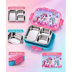 Babyhug Unicorn Print 3 Compartment Stainless Steel Big Size Lunch box|Airtight|BPA Free|100% Food Grade|Reusable|Recyclable|Perfect for School, Travel & Outdoors|575 ml- Pink