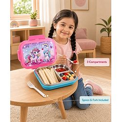 Babyhug Unicorn Print 3 Compartment Stainless Steel Big Size Lunch box|Airtight|BPA Free|100% Food Grade|Reusable|Recyclable|Perfect for School, Travel & Outdoors|575 ml- Pink