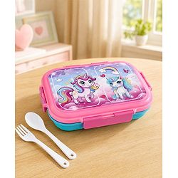 Babyhug Unicorn Print 3 Compartment Stainless Steel Big Size Lunch box|Airtight|BPA Free|100% Food Grade|Reusable|Recyclable|Perfect for School, Travel & Outdoors|575 ml- Pink