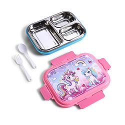 Babyhug Unicorn Print 3 Compartment Stainless Steel Big Size Lunch box|Airtight|BPA Free|100% Food Grade|Reusable|Recyclable|Perfect for School, Travel & Outdoors|575 ml- Pink
