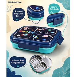 Babyhug Space Print 3 Compartment Stainless Steel Big Size Lunch box|Airtight|BPA Free|100% Food Grade|Reusable|Recyclable|Perfect for School, Travel & Outdoors|575 ml- Blue